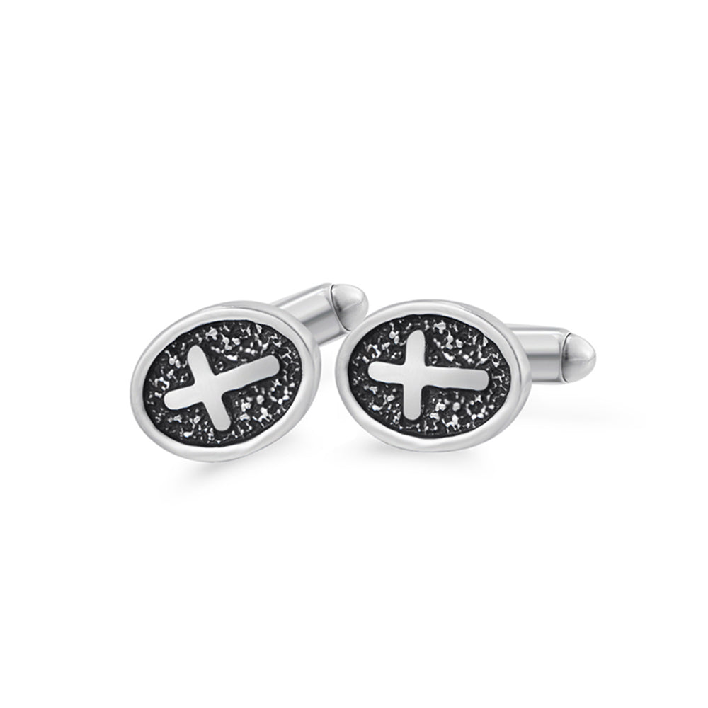 Silver Stainless Steel Oval Cross Cufflinks For Men