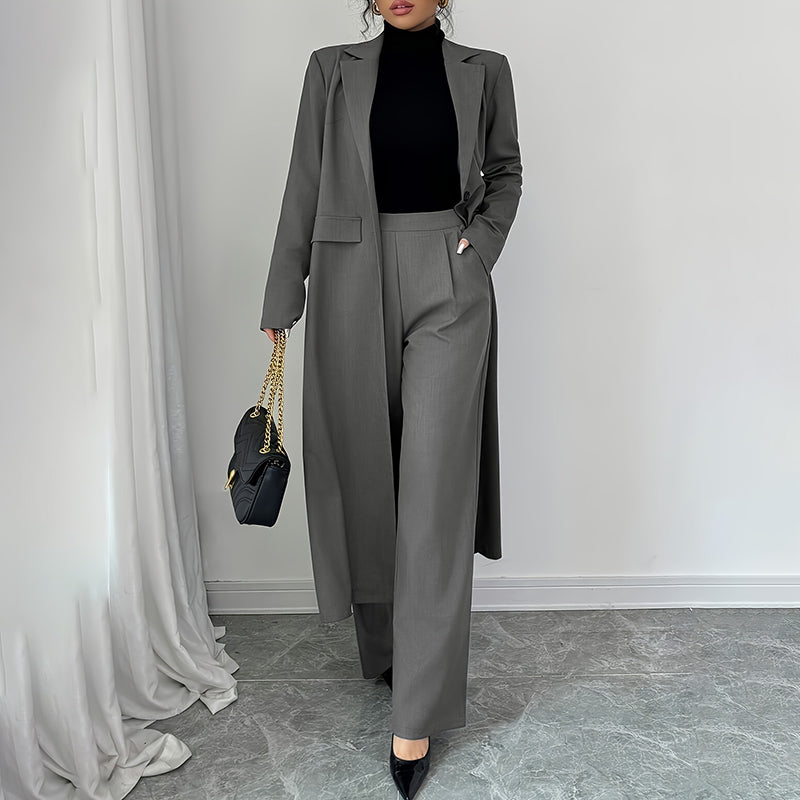 Women's Gray 2-Piece Suit Set - Blazer & Straight Leg Pants