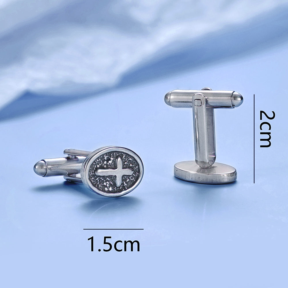 Silver Stainless Steel Oval Cross Cufflinks For Men