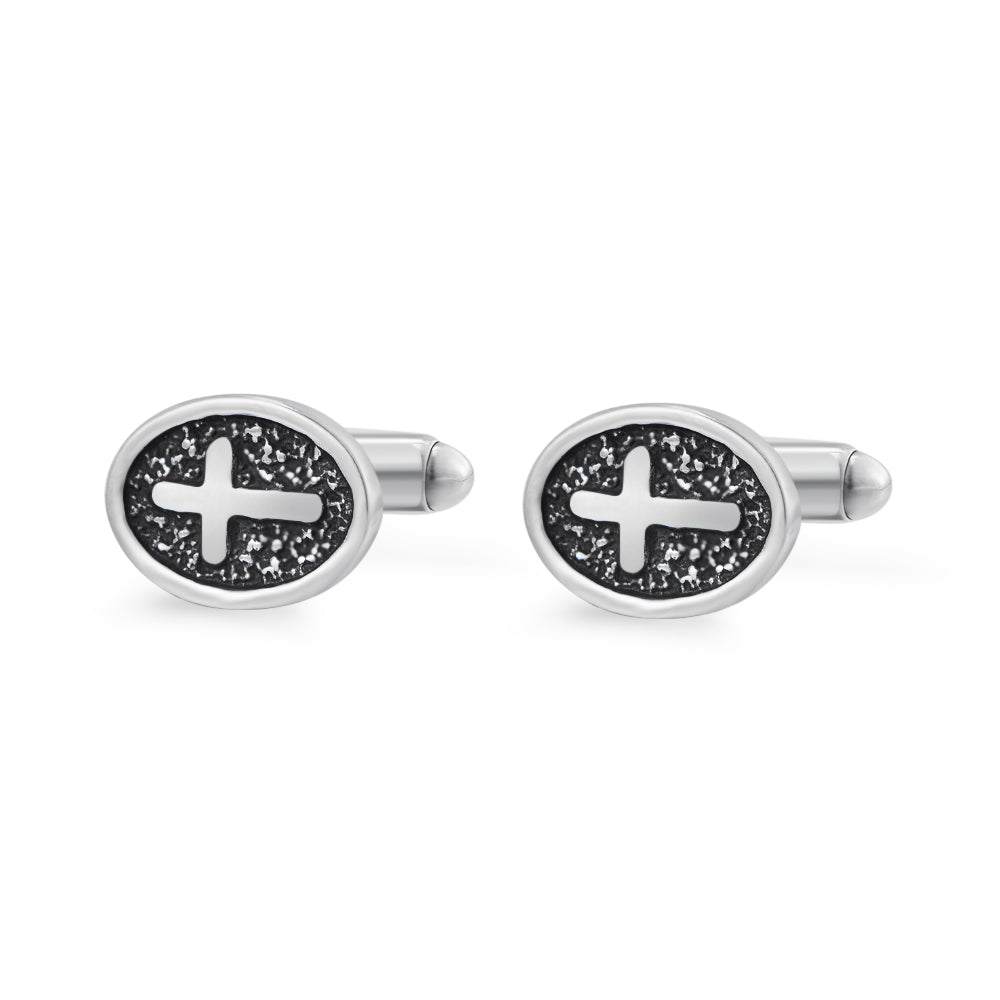 Silver Stainless Steel Oval Cross Cufflinks For Men