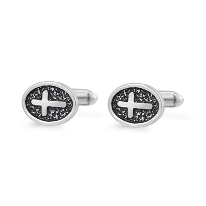 Silver Stainless Steel Oval Cross Cufflinks For Men