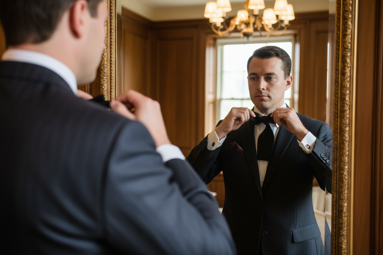 a man in a suit infront of a mirror putting on a bow tie don't show the face of the man