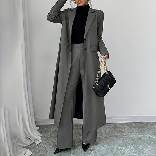 Women's Gray 2-Piece Suit Set - Blazer & Straight Leg Pants