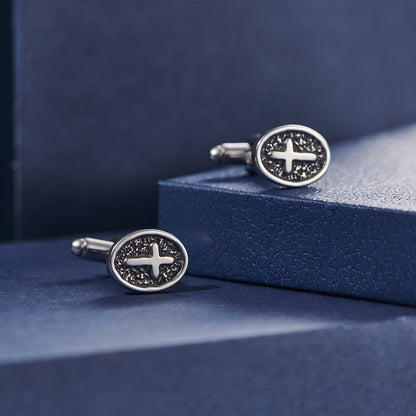 Silver Stainless Steel Oval Cross Cufflinks For Men